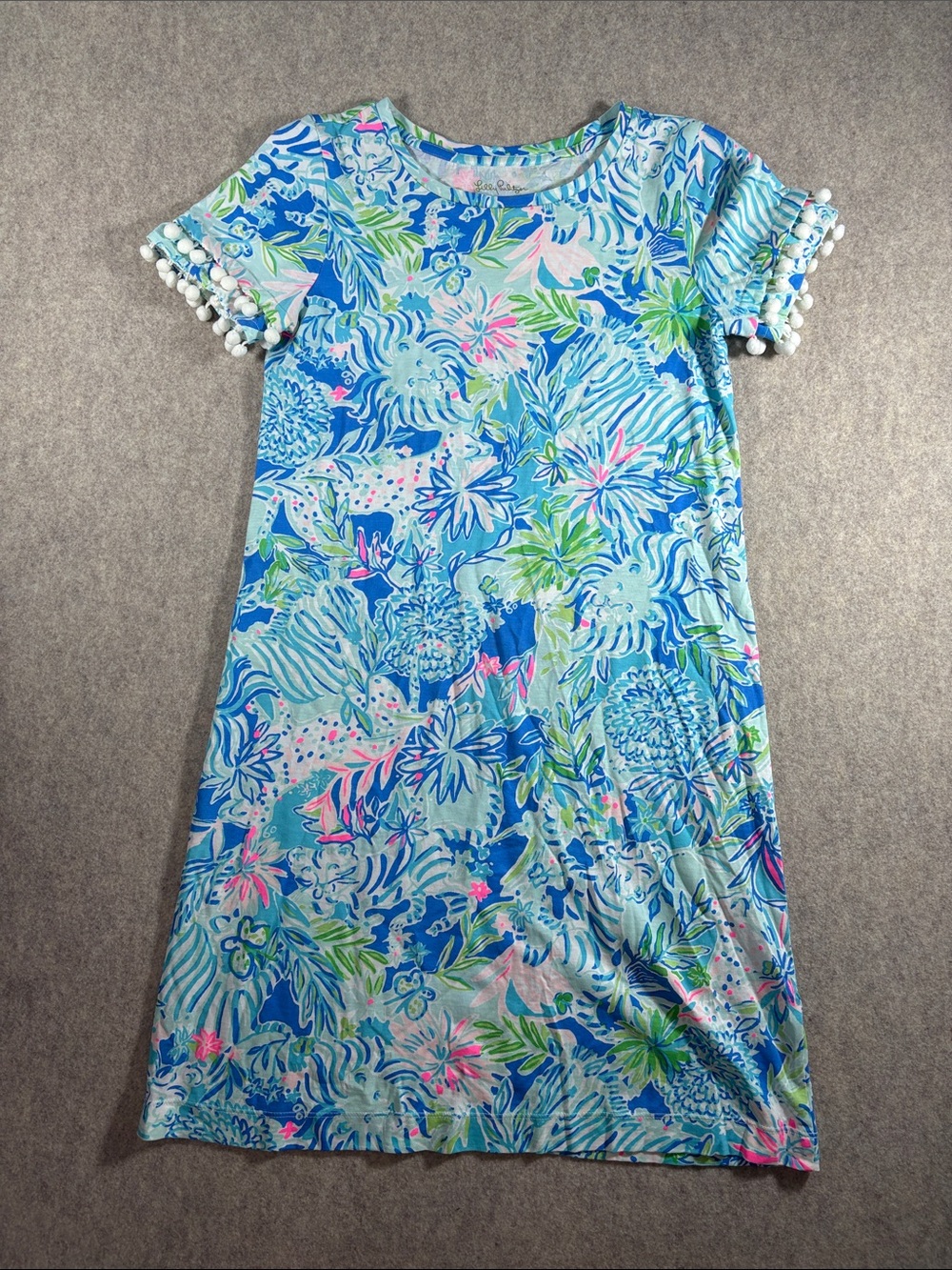 Lilly Pulitzer Lissie Dress Lion Around Coastal Blue Pom Pom T-Shirt Dress XXS